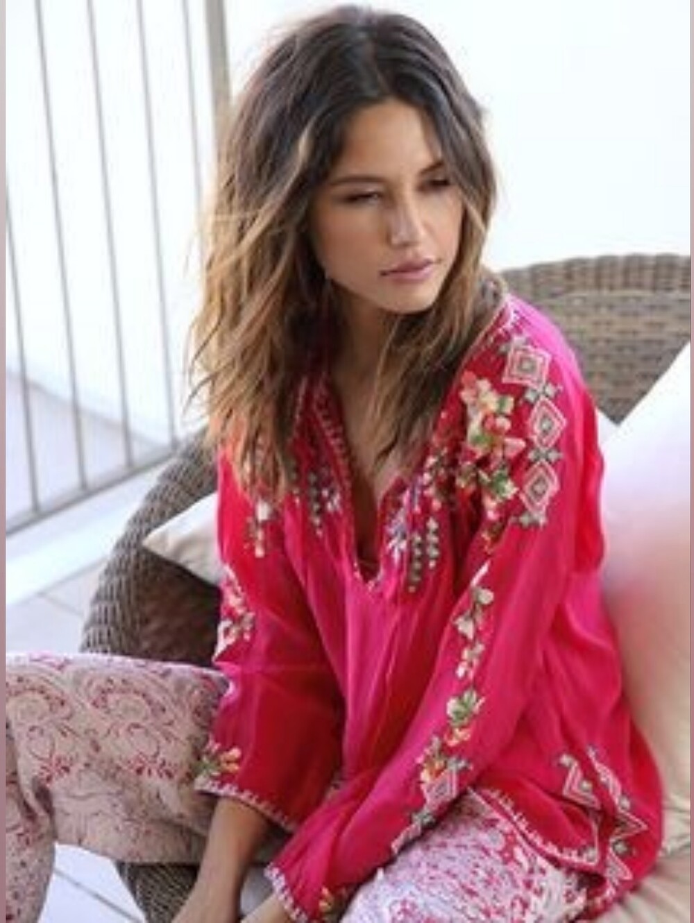 Johnny Was "Vanessa" Red Embroidered Tunic Tie Front Pullover Top